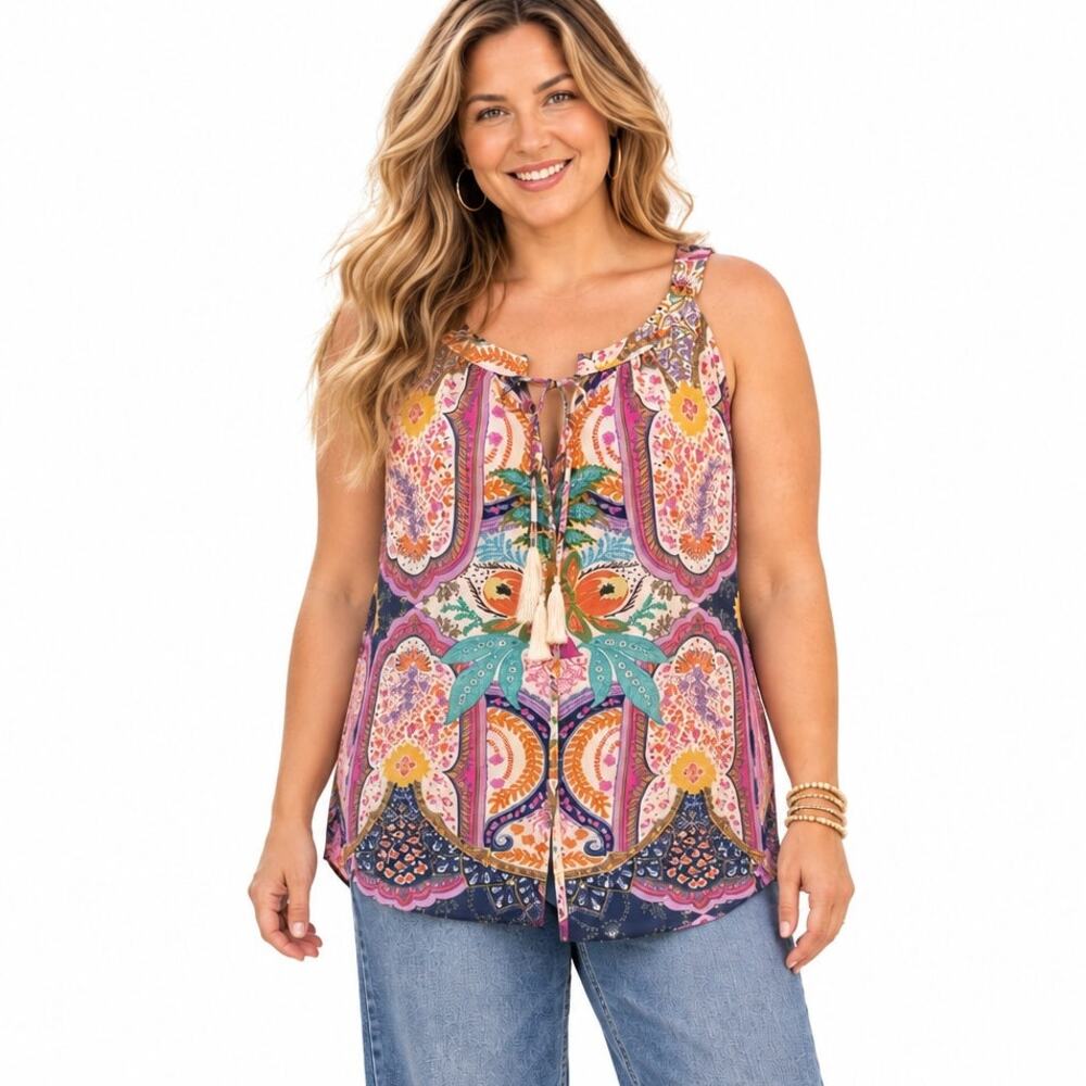 Rose & Olive Paisley Floral Tank Womens  XL Colorful Shell Tassel Sleeveless Top